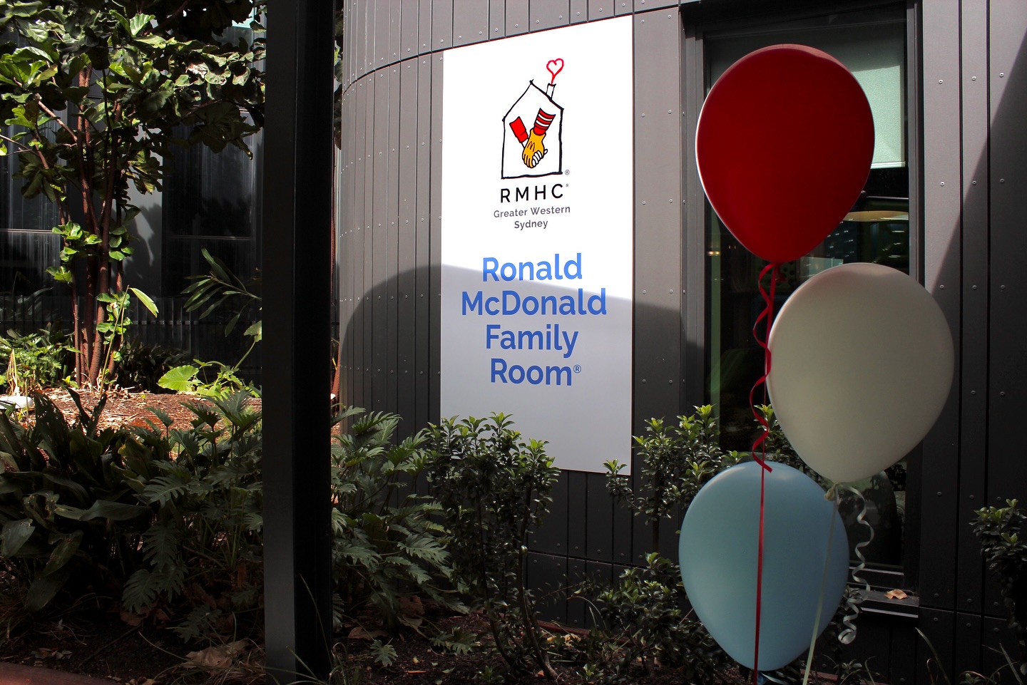 Outdoor signage of the Ronald McDonald House Family Room at The Children's Hospital at Westmead
